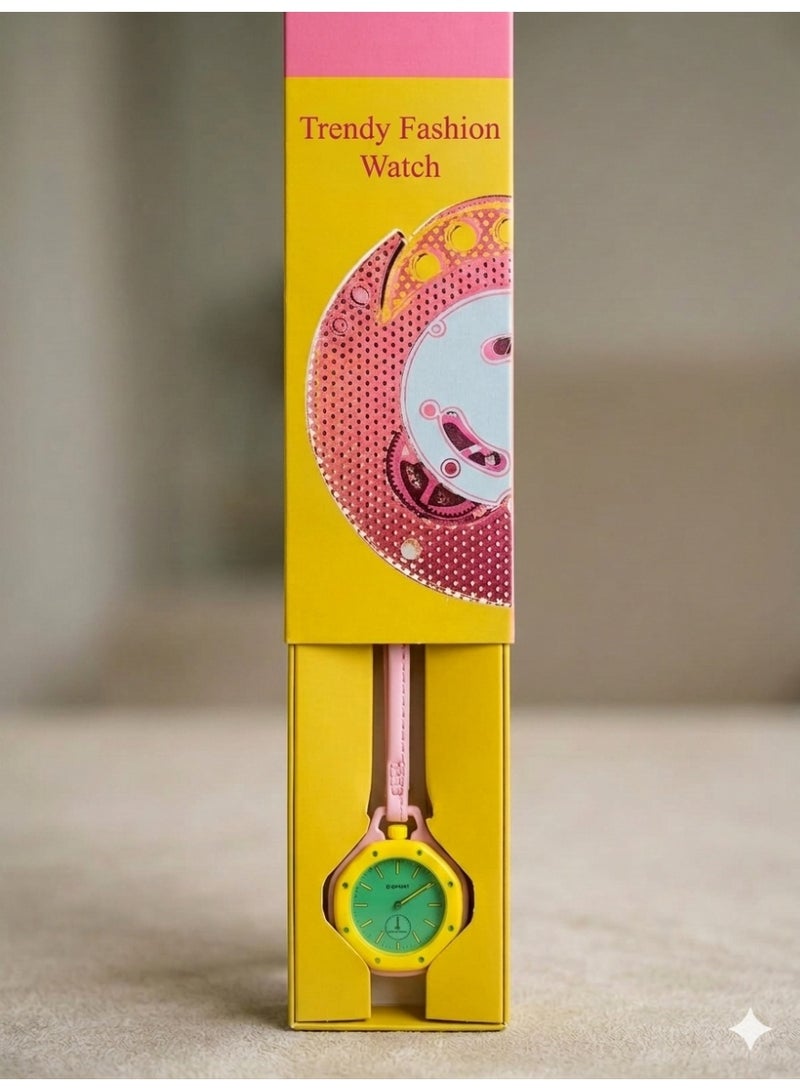"Trendy Yellow Fashion Watch – Minimalist Design with Distinctive Green Dial"