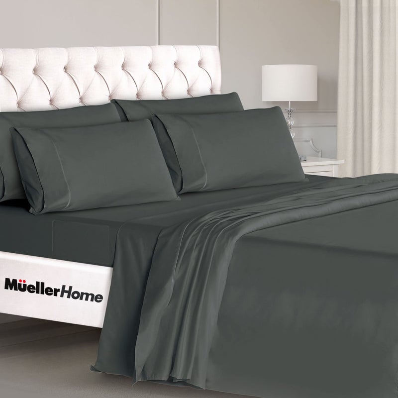 Mueller Luxury 6 PC Full Size Bed Sheets  Super Soft 1800  Deep Pocket up to 16"" Full Size Sheets  Transfers Heat  Breathes Better  Hypoallergenic  Wrinkle-Resistant  Oeko-TEX  Dark Grey - Image 1
