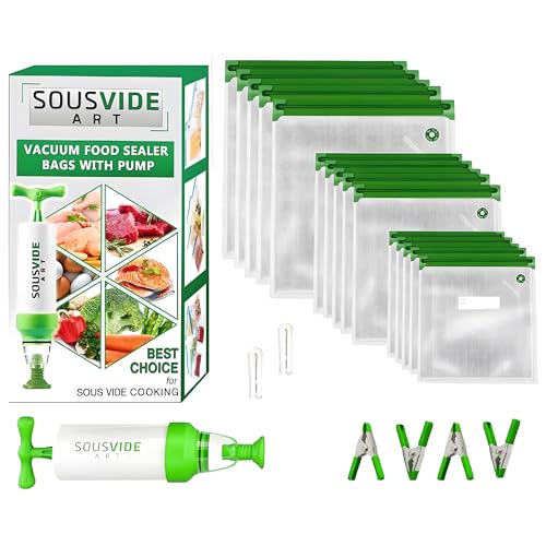 SOUSVIDE ART 37pcs Reusable Vacuum Seal Bags with Vacuum Sealer - 30 Cooking and Storage Bags of 3 Sizes with Pump and Sous Vide Cooker Accessories - Food Safe Kit, Keeps Food Fresh - Image 1