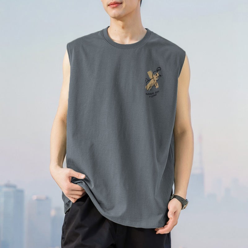 Pure Cotton Vest Men'S Sleeveless American Style Waistcoat Summer Outer Wear Loose Fashionable Round Neck Pure Cotton Cut Sleeve Thin Style - Image 1