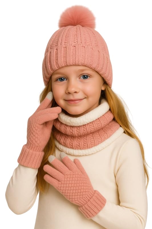 Krystle Kids Winter Woolen Set – Beanie Cap, Neck Warmer & Gloves | Soft Knitted Warm Set for Boys & Girls (Pink,5-20 Years) - Image 5