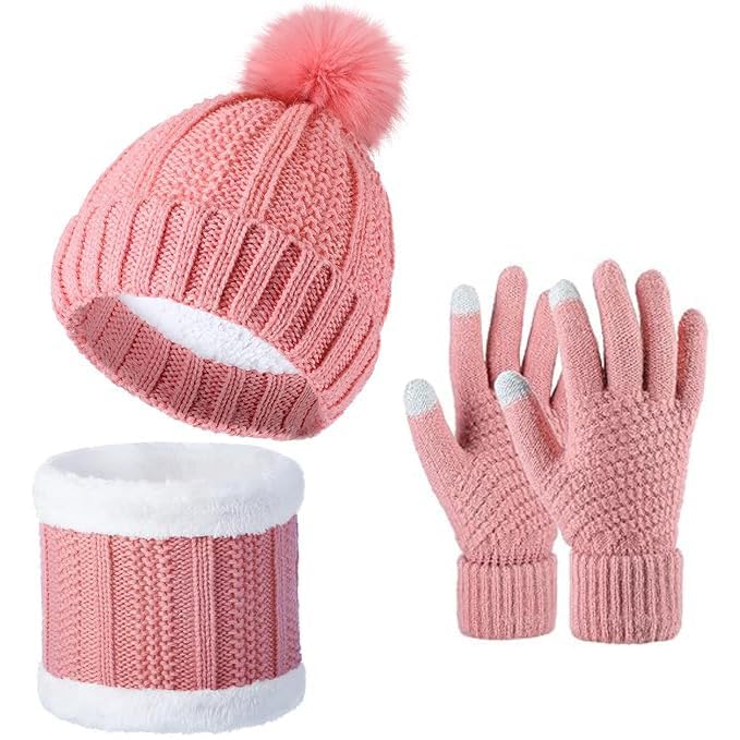 Krystle Kids Winter Woolen Set – Beanie Cap, Neck Warmer & Gloves | Soft Knitted Warm Set for Boys & Girls (Pink,5-20 Years) - Image 2