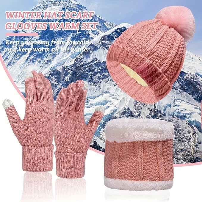 Krystle Kids Winter Woolen Set – Beanie Cap, Neck Warmer & Gloves | Soft Knitted Warm Set for Boys & Girls (Pink,5-20 Years) - Image 3
