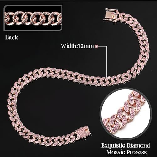 LEIFIDE Dog Chain Collar Diamond Link Puppy Collar 12 mm Wide Dog Necklace Metal Cat Chain Pet Crystal Necklace Jewelry Accessories for Small Medium Large Pet(14 Inch,Rose Gold, Pink) - Image 2