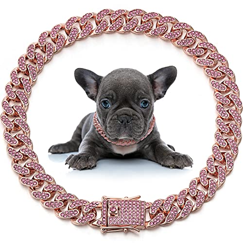 LEIFIDE Dog Chain Collar Diamond Link Puppy Collar 12 mm Wide Dog Necklace Metal Cat Chain Pet Crystal Necklace Jewelry Accessories for Small Medium Large Pet(14 Inch,Rose Gold, Pink) - Image 1