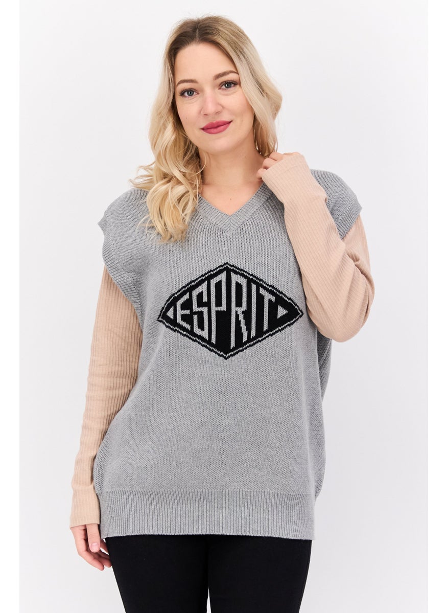 ESPRIT Women V-Neck Knitted Sweater Vest, Grey  - Image 1