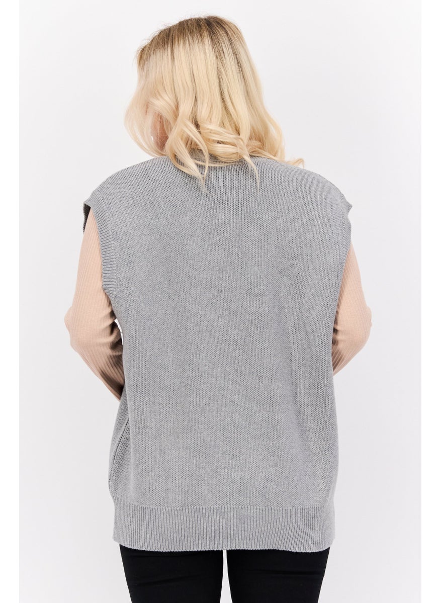 ESPRIT Women V-Neck Knitted Sweater Vest, Grey  - Image 3