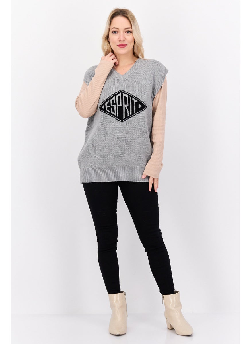 ESPRIT Women V-Neck Knitted Sweater Vest, Grey  - Image 4