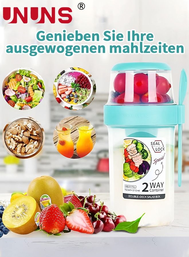 UNUNS Overnight Oats Container,2-Tier Salad Container With Lid And Spoon,Overnight Oats Jars With Measurement Marks And Dip box,Breakfast Container For Salads Yogurt Cereal Milk,310ML+760ML - Image 4