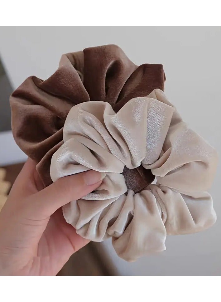 Rozino 2pcs Elegant Velvet Hair Scrunchies for Women - Large, Soft Elastic Bands in Brown & Beige, Solid Color, Perfect for Daily Use, Hair Accessories - Image 1