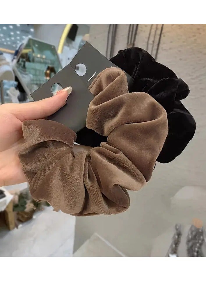 Rozino 2pcs Elegant Velvet Hair Scrunchies for Women - Large, Soft Elastic Bands in Brown & Beige, Solid Color, Perfect for Daily Use, Hair Accessories - Image 2
