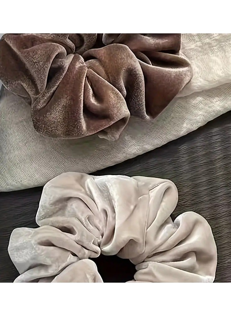 Rozino 2pcs Elegant Velvet Hair Scrunchies for Women - Large, Soft Elastic Bands in Brown & Beige, Solid Color, Perfect for Daily Use, Hair Accessories - Image 4