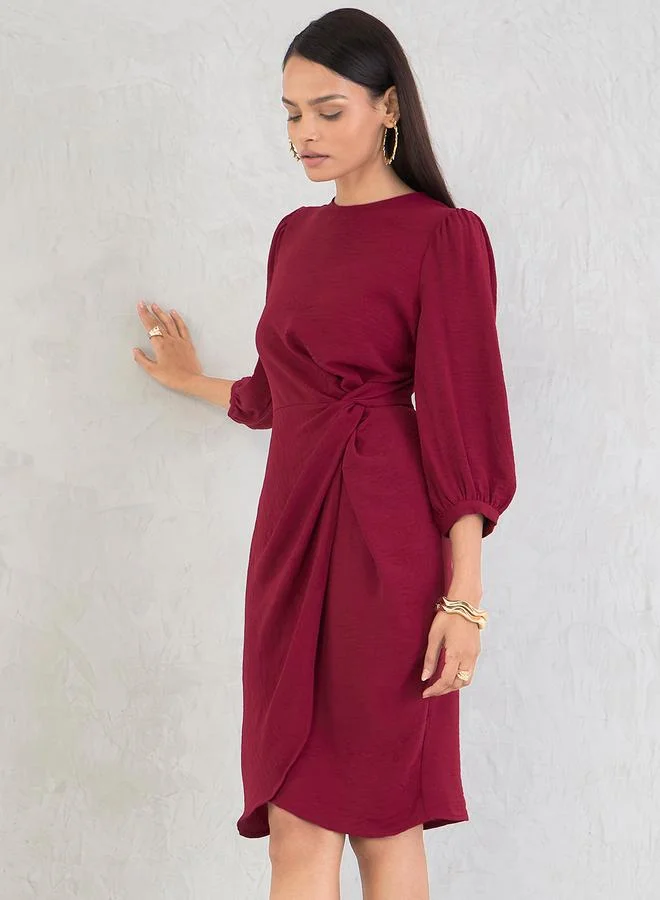 Femmella Femmella Maroon Crinkled Knot Detail A-Line Knee-Length Dress