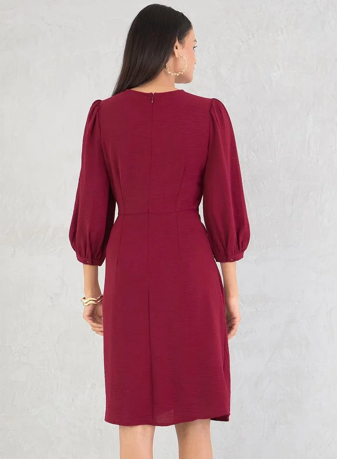 Femmella Femmella Maroon Crinkled Knot Detail A-Line Knee-Length Dress
