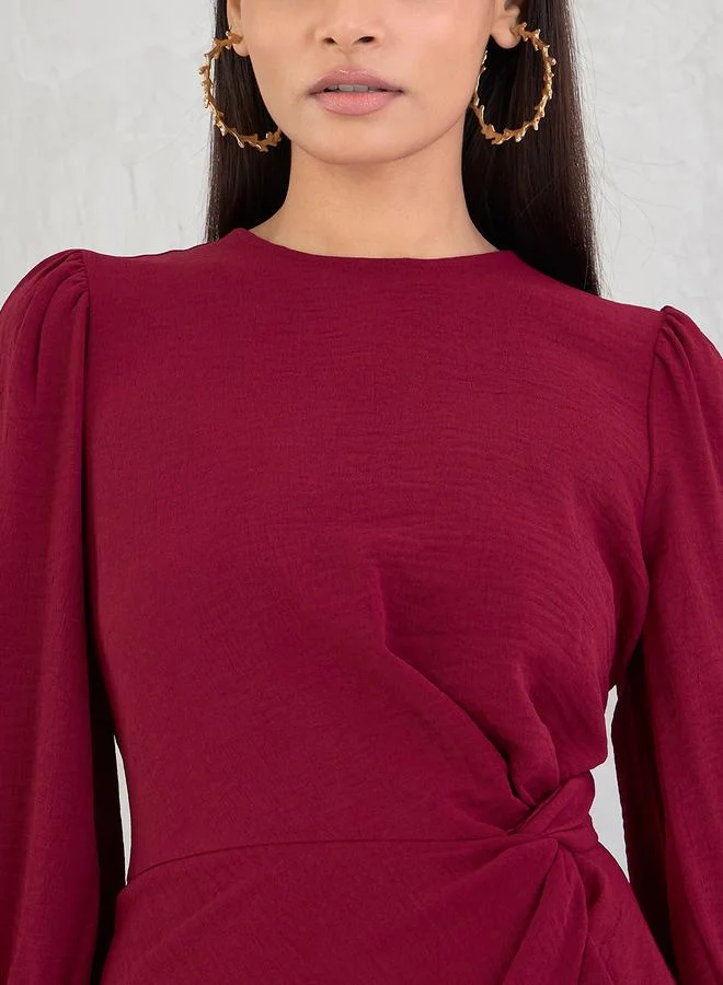 Femmella Femmella Maroon Crinkled Knot Detail A-Line Knee-Length Dress