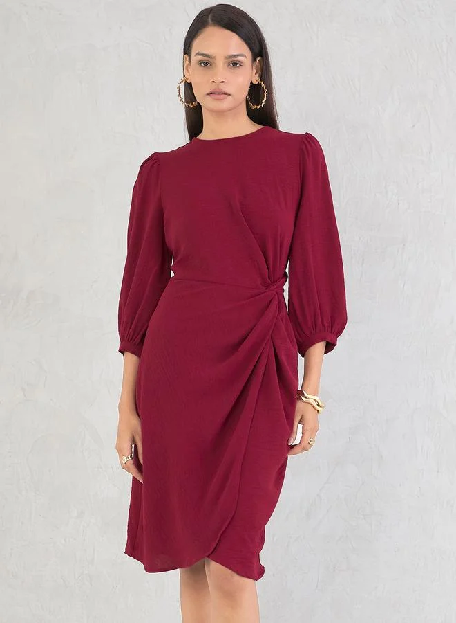 Femmella Femmella Maroon Crinkled Knot Detail A-Line Knee-Length Dress