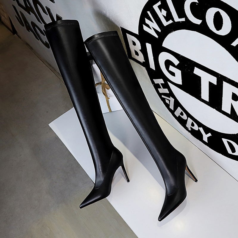 315-16 Style Fashion Simple Thin Heel High Heel Pointed Winter Nightclub Slim Pedicure Knee Boots - Image 5