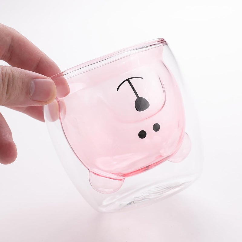 The Better Home The Better Home Zest 2Pcs 250ml each Teddy Bear Glass Cute Mugs Double Walled Borosilicate Birthday Gift For Kids I Microwave Safe I Anniversary Gift For Couple Special Pink - Image 3
