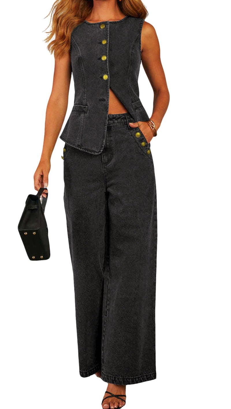 loveimgs Women 2 Piece Denim Set Button Sleeveless Jean Vest Denim Top Y2k Shirt Wide Leg Jeans Palazzo Pants Outfits (Large, Black) - Image 1