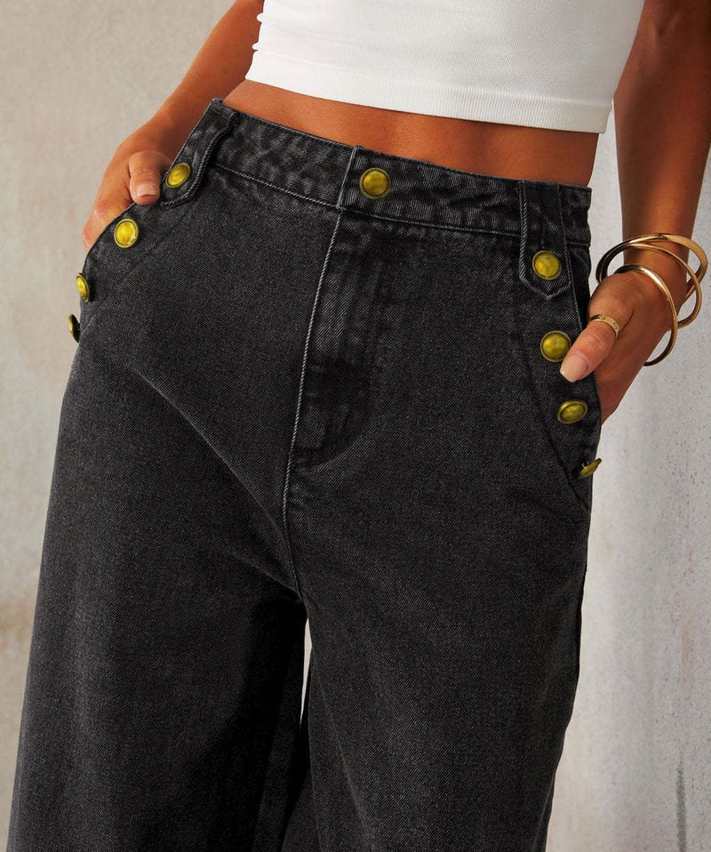 loveimgs Women 2 Piece Denim Set Button Sleeveless Jean Vest Denim Top Y2k Shirt Wide Leg Jeans Palazzo Pants Outfits (Large, Black) - Image 5