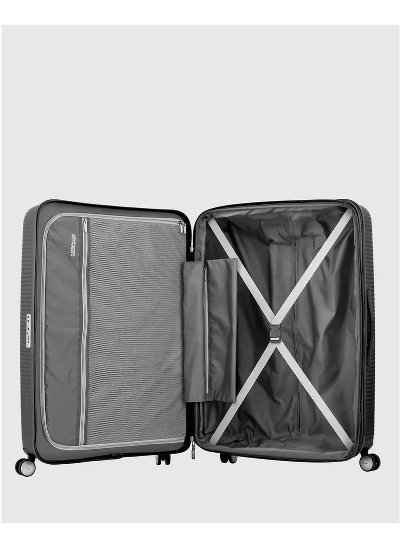 AMERICAN TOURISTER  Curio (Soundbox) Suitcase, Check-In Size 80 cm / 30 inch, 4 Spinner Wheels, Hard Top, Polypropylene, Black|DuoSaf™ Security Zipper|Spacious Interior|Expandable|TSA Lock|Lightweight - 3 Years International Warranty  | Best Price UAE