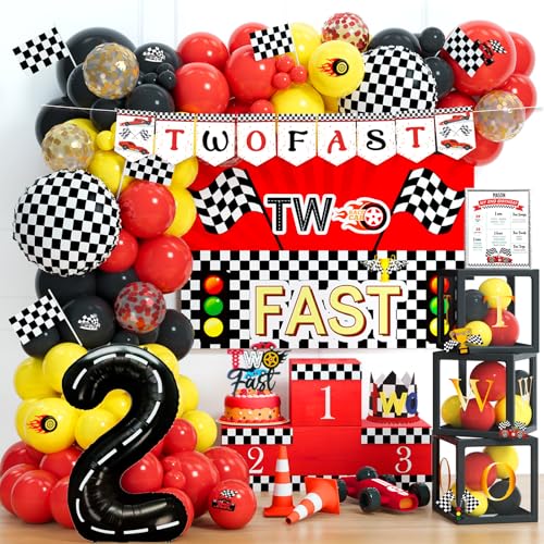 Fiesec Two Fast Birthday Decorations 131 PCs Race Car Themed Birthday Party Supplies with Two Fast Backdrop Balloon Garland Balloon Boxes Number 2 Foil Balloon Banner Cake Topper Poster - Image 1