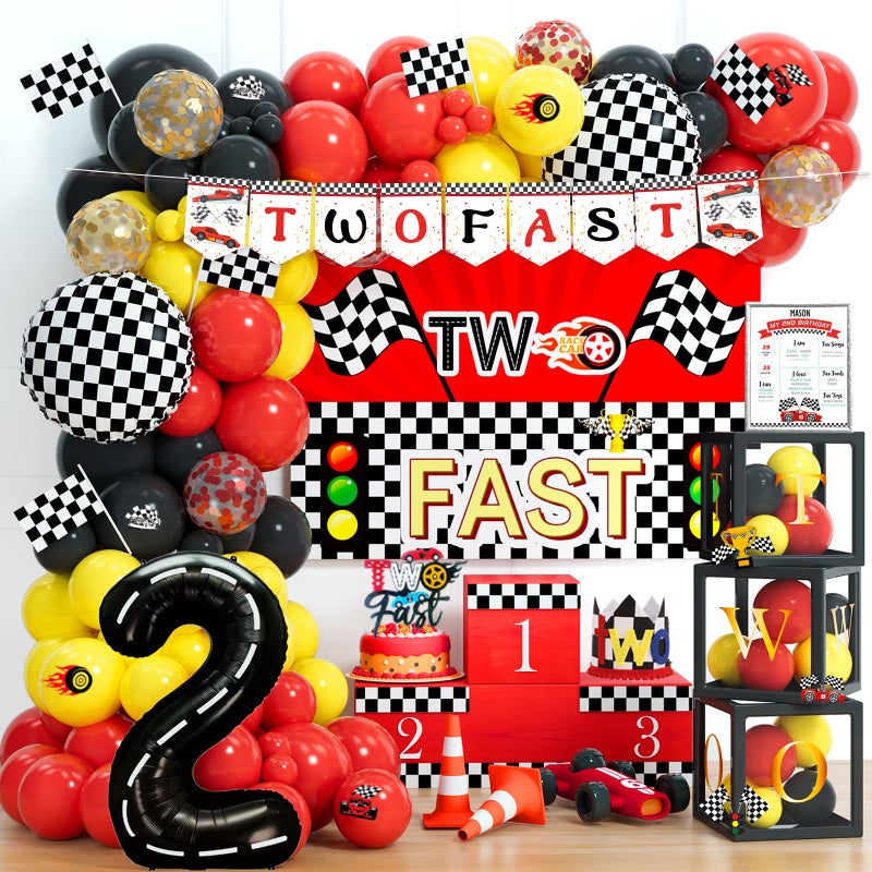 Fiesec Two Fast Birthday Decorations 131 PCs Race Car Themed Birthday Party Supplies with Two Fast Backdrop Balloon Garland Balloon Boxes Number 2 Foil Balloon Banner Cake Topper Poster - Image 2