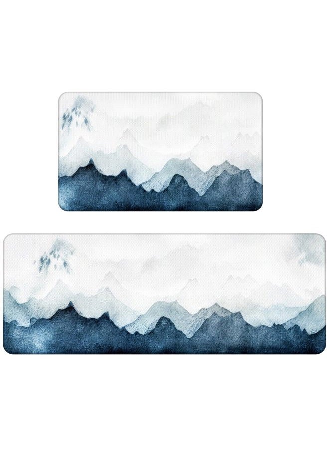 QiyI Floor Comfort Mats 2 Pieces Kitchen Rugs Leather Waterproof Oil Proof Runner Non Skid Standing Mat Set Anti Fatigue Padded Doormat 17" W x 29" L + 17" W x 47" L - Blue White Watercolor Mountain - Image 1