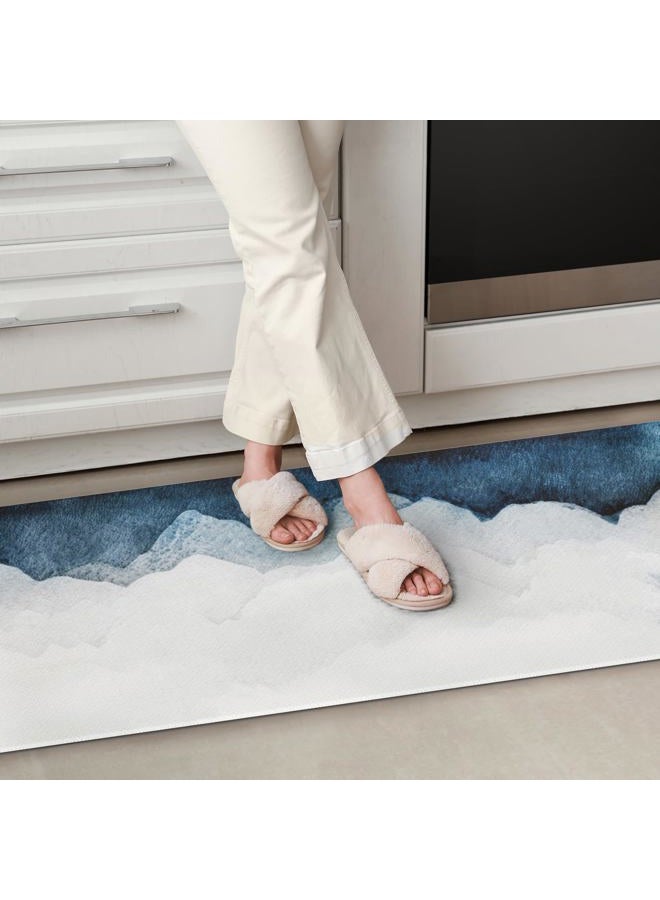 QiyI Floor Comfort Mats 2 Pieces Kitchen Rugs Leather Waterproof Oil Proof Runner Non Skid Standing Mat Set Anti Fatigue Padded Doormat 17" W x 29" L + 17" W x 47" L - Blue White Watercolor Mountain - Image 2