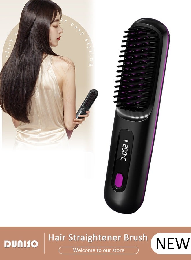DUNISO فرشاة فرد الشعر اللاسلكية، 2 في 1 مكواة فرد الشعر للنساء، مشط كهربائي محمول لفرد الشعر مع أيونات سالبة، يقضي على الكهرباء الساكنة، مشط فرد الشعر لشحن Type-c، فرشاة فرد صغيرة للسفر، المنزل، الأعمال - Image 1