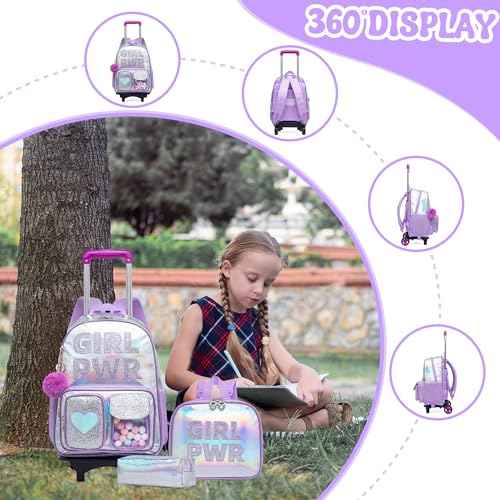 Meetbelify Rolling Backpack for Girls Backpack with Wheels for Elementary Student Kids School Bag with Lunch Box Pencil Case for Girls Ages 6-8 Years Old - Image 3