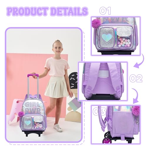 Meetbelify Rolling Backpack for Girls Backpack with Wheels for Elementary Student Kids School Bag with Lunch Box Pencil Case for Girls Ages 6-8 Years Old - Image 4