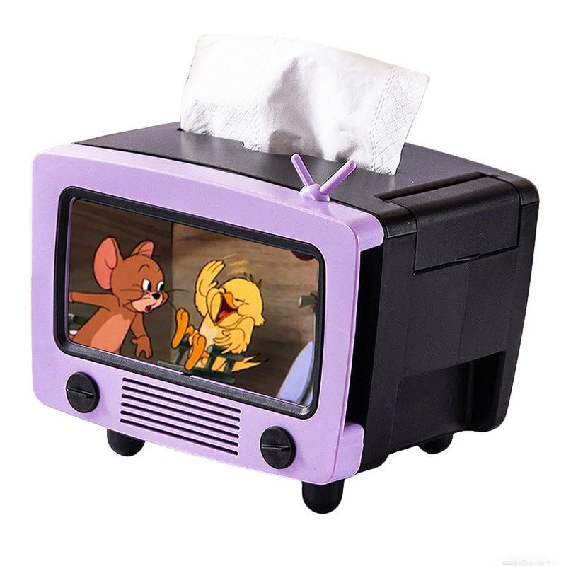 LSLANSOON Tissue Box Holder with Cell Phone Slot, Retro TV Shaped Tissue Case and Cellphone Holder Cellphone Stand, Versatile Tissue Dispenser Cover for Living Room, Kitchen, Bedroom, Bathroom (Ube Purple) - Image 1