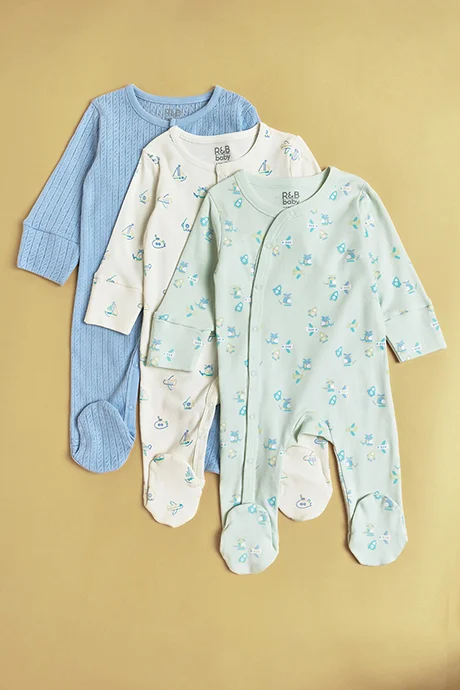 R&B 3 Pack Printed Footed Sleepsuits with Long Sleeves