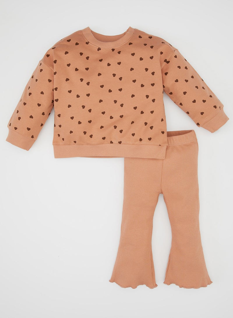 DeFacto - Heart Printed Crew Neck Sweatshirt With Elastic Waist Tights 2-Piece Set - Image 1