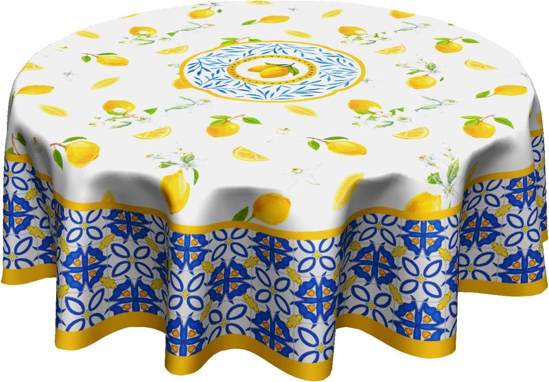 Granbey Lemon Round Tablecloth 60 Inch  Watercolor Floral Lemon Table Cloths Tile Flowers Fruits Table Cover Decorative for Kitchen Dining Room Picnic Party - Image 1