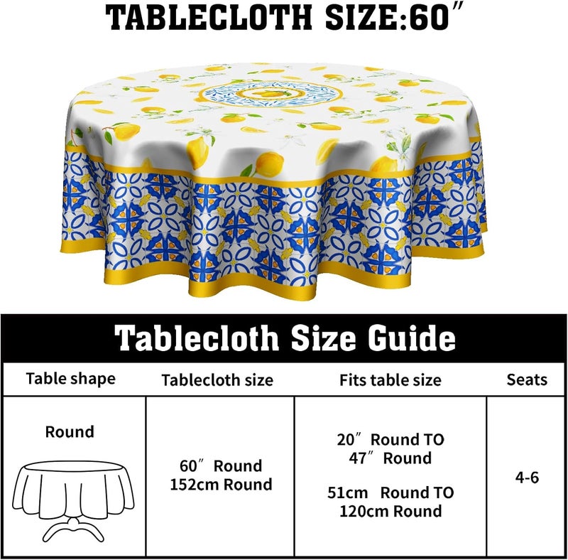 Granbey Lemon Round Tablecloth 60 Inch  Watercolor Floral Lemon Table Cloths Tile Flowers Fruits Table Cover Decorative for Kitchen Dining Room Picnic Party - Image 2