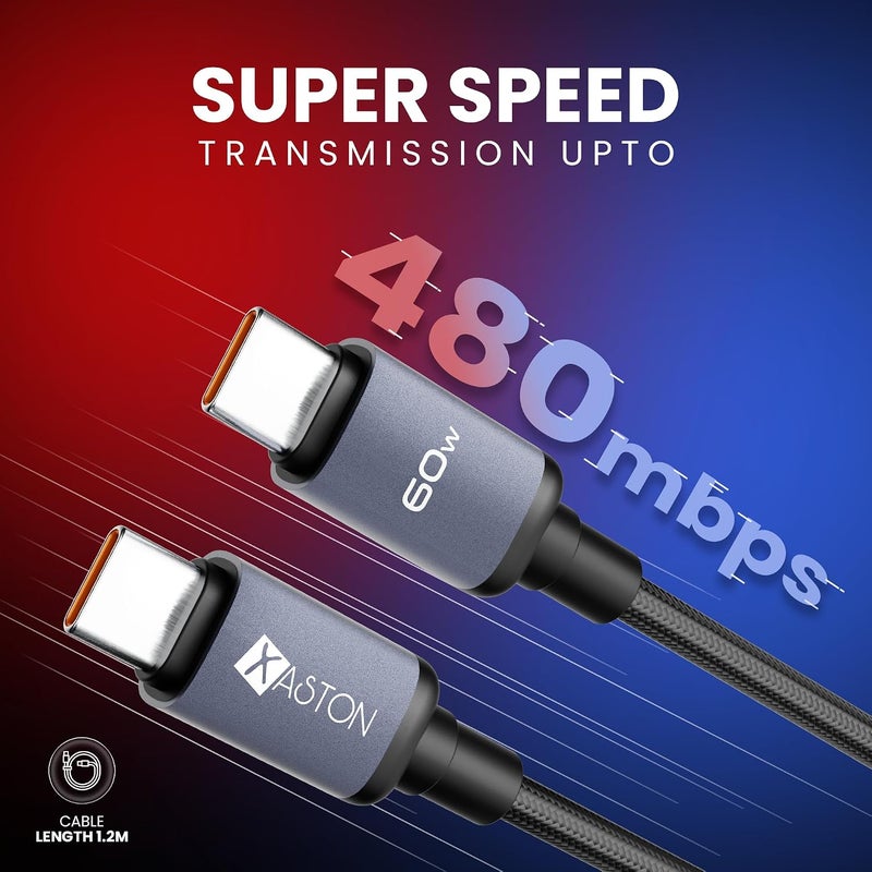اكساستون كابل شحن سريع من USB-C إلى USB-C بقدرة 60 واط، طول 1.2 متر، مضفر من النايلون من نوع C مزود بشريحة ذكية آمنة، كابل طاقة 3 أمبير مع نقل بيانات لأجهزة الكمبيوتر المحمول والهواتف المحمولة والأجهزة اللوحية - Image 3