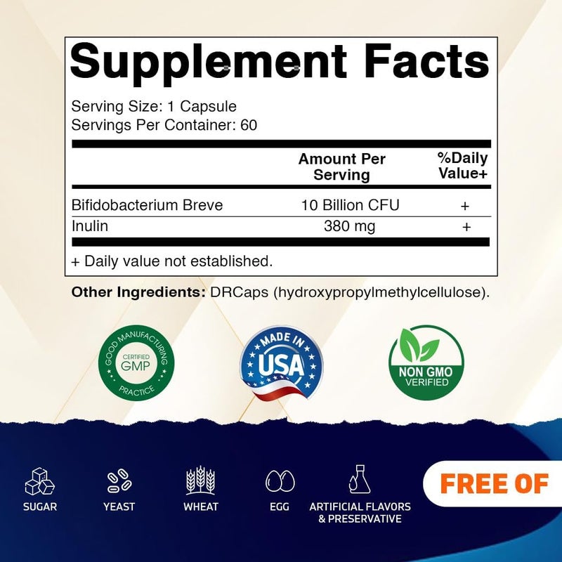 Vitamatic Bifidobacterium Breve  10B per DR Capsule  60 Count  Digestive Support  Made with Prebiotic Inulin Fiber - Image 2