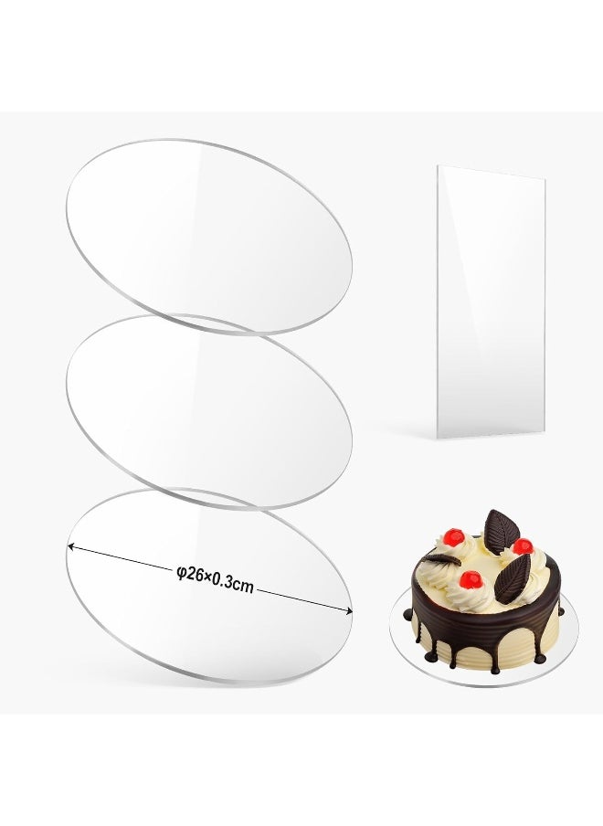 TPGP Pack of 3 Round Acrylic Cake Plates, Diameter 26 cm x 3 mm, Transparent Cake Plate with Acrylic Cake Scraper, Non-Adhesive Cake Board for Smoothing and Arranging Cakes, DIY  - Image 1