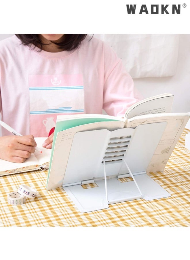 WAOKN Desk Book Stand Metal Reading Rest Book Holder Adjustable Cookbook Documents Holder Bookstands for Recipes Textbook Music Books, the First Day of School Gift for Students, Teachers ,20*15*17.5cm,white. - Image 5