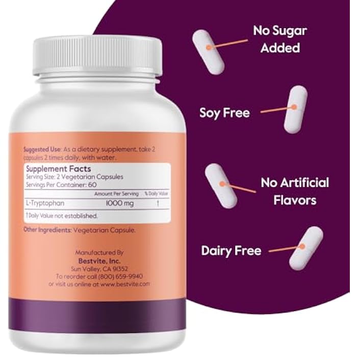 BESTVITE L-Tryptophan 500mg per Capsule (120 Vegetarian Capsules) - No Stearates - No Silica - No Gelatin - Vegan - Gluten Free - Non GMO - Image 3