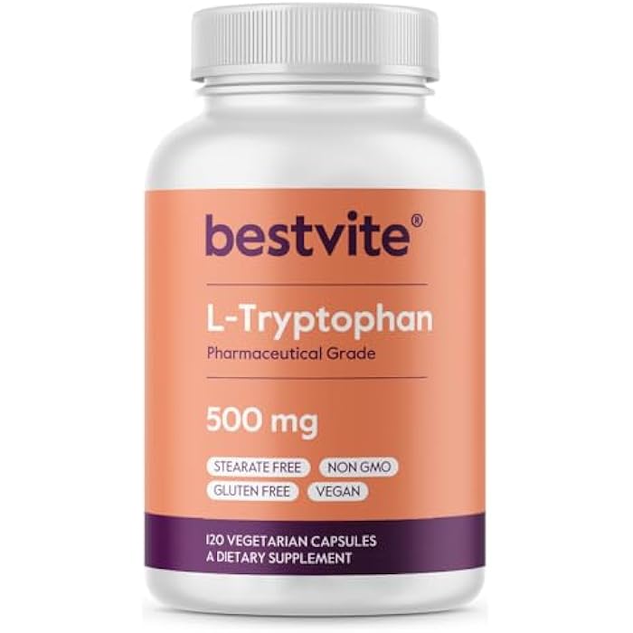 BESTVITE L-Tryptophan 500mg per Capsule (120 Vegetarian Capsules) - No Stearates - No Silica - No Gelatin - Vegan - Gluten Free - Non GMO - Image 1
