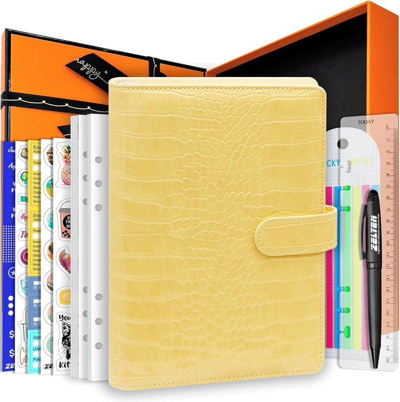Zelten PU Leather Personal Notebook Planner with 80 Pages Loose-Leaf Papers 6 Holes Ring Binder Pen Holder Magnetic Buckle (Yellow Crocodile Pattern, A5 Gift Box) - Image 1