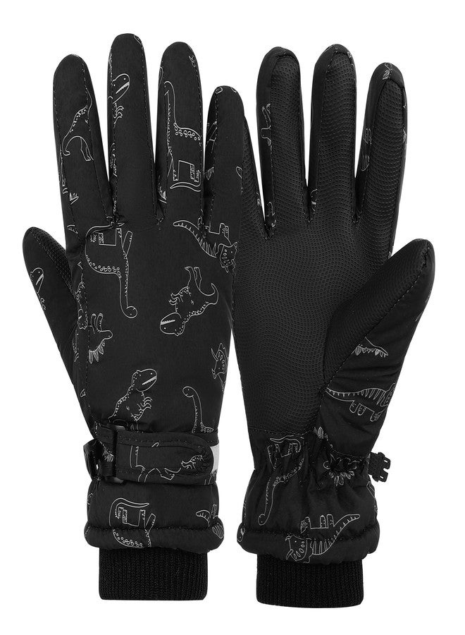 LPMOERA Kids Gloves Winter Toddler Snow Waterproof Gloves for Boys Girls Ski Gloves Toddler Mittens Windproof Black Dinosaur S (4-6T) - Image 1