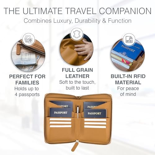 Travaci Full Grain Leather Family Passport Holder for 4 Passports RFID Passport Holder and Travel Document Organizer Large Leather Travel Wallet for Families Camel - Image 3