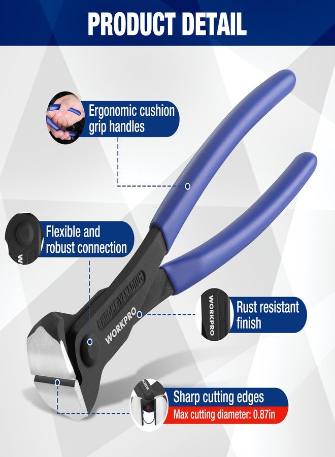 ووركبرو كماشة سحب المسامير WORKPRO مقاس 8 بوصات، كماشة قطع طرفية - لمسة نهائية سوداء من فولاذ الكروم والفاناديوم، كماشة قطع طرفية عالية الرفع، كماشة نجار، مقصات طرفية لسحب المسامير أو قطع الأسلاك - Image 3
