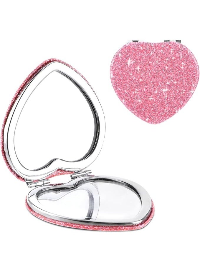 Compact Folding Mirror Heart Shaped Magnifying Mini Vanity Mirror Portable Travel Makeup Mirror for Purse Double-Sided Cute Glitter Cosmetic Mirror for Women Home Office - Image 1