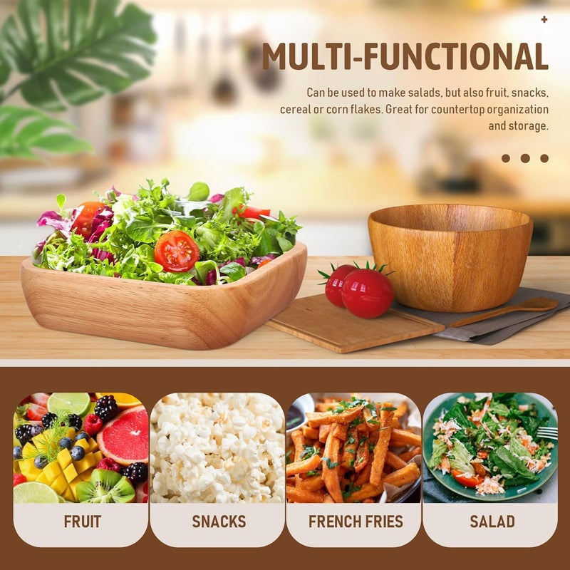Square Wooden Salad Bowl 18cm Rubber Wood Square Shape Fruit Vegetable Snack Serving Bowl Reusable Restaurant Dinnerware for Home Kitchen - Image 4