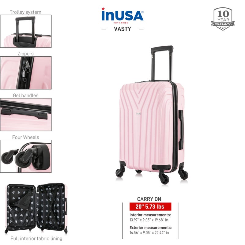 InUSA حقائب سفر InUSA VASTY بعجلات دوارة | حقيبة سفر خفيفة الوزن وقوية بغطاء صلب مع مقبض وعربة 20 بوصة | وردي - Image 3
